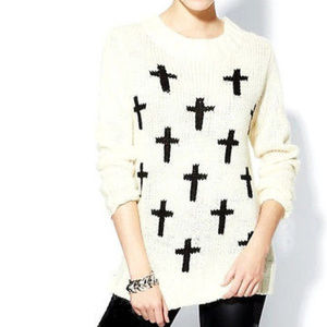 Wool Blend IVORY CROSS Jumper Chunky KNIT TOP M L